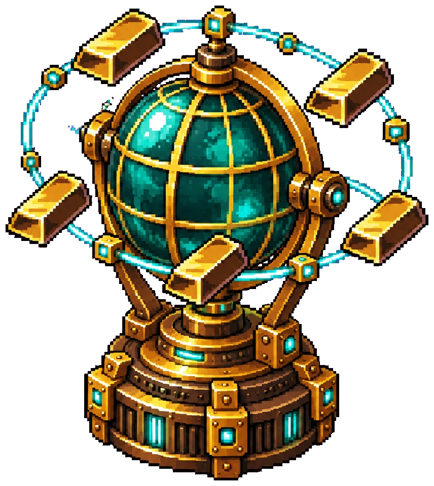 An intricate gold and teal network globe