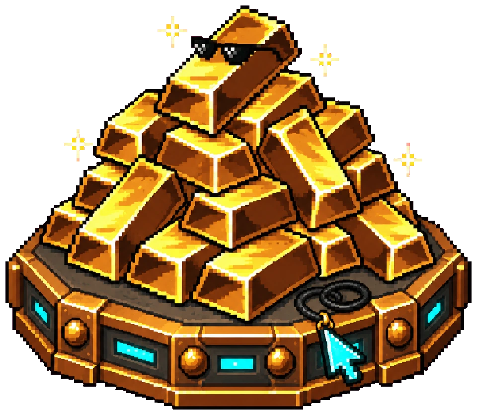 A custom pixel-gold treasure hoard, topped by a bar wearing tiny sunglasses