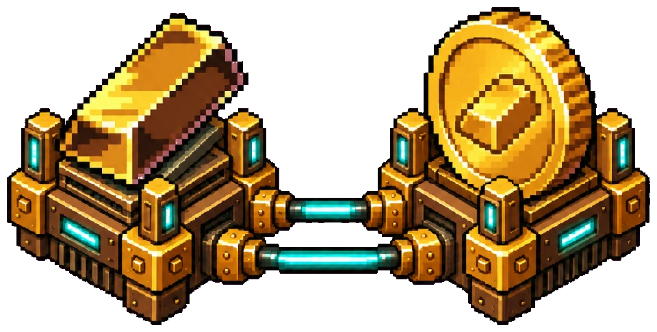 Separate pixel-gold ingot and generic gold coin connected as a proposed market pairing